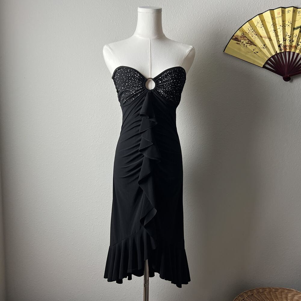y2k vintage black sexy ruched ruffle rhinestone strapless bodycon midi dress